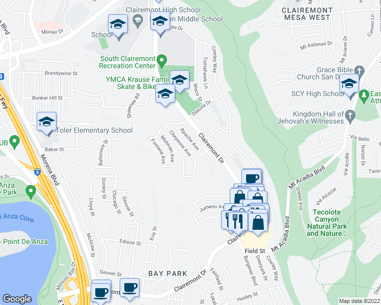 map of restaurants, bars, coffee shops, grocery stores, and more near 3235 Cheyenne Avenue in San Diego