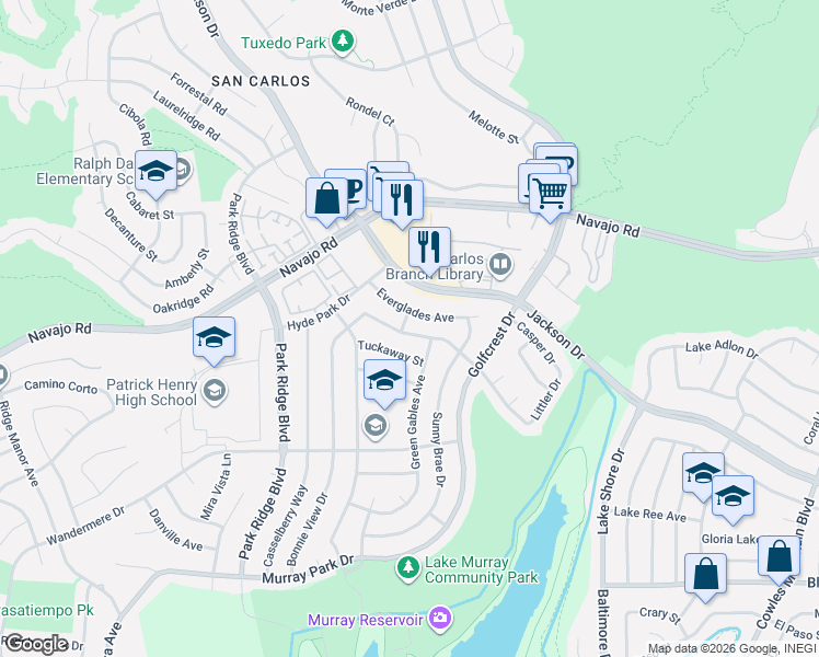 map of restaurants, bars, coffee shops, grocery stores, and more near 7057 Everglades Avenue in San Diego
