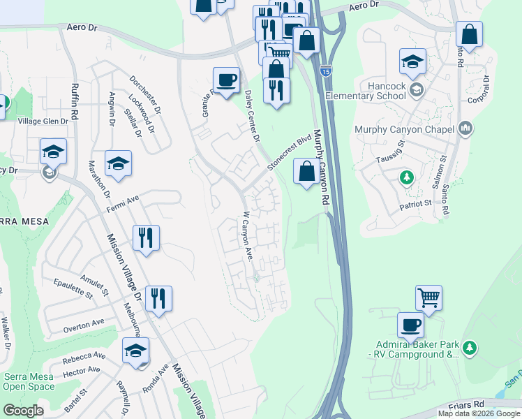 map of restaurants, bars, coffee shops, grocery stores, and more near 3047 West Canyon Avenue in San Diego