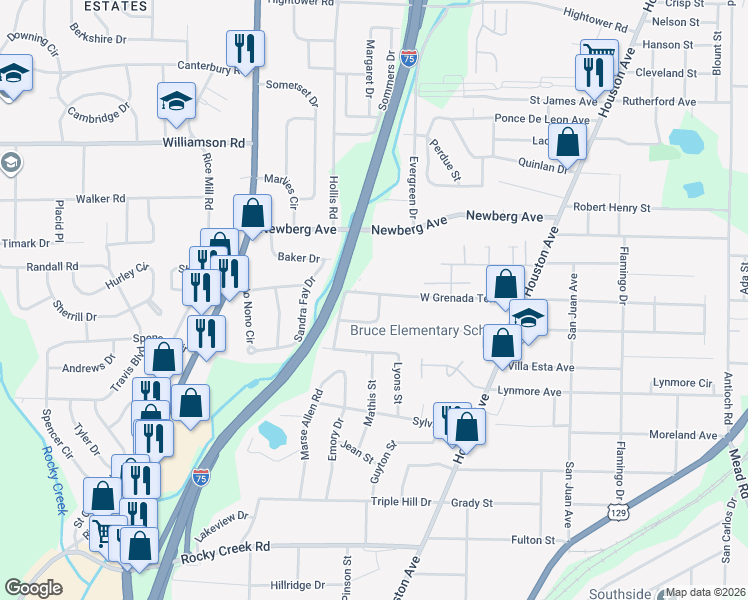 map of restaurants, bars, coffee shops, grocery stores, and more near 1101 North Beddingfield Drive in Macon