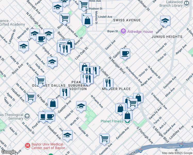 map of restaurants, bars, coffee shops, grocery stores, and more near 4918 Gaston Avenue in Dallas