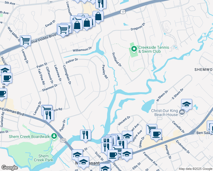 map of restaurants, bars, coffee shops, grocery stores, and more near 687 Pawley Road in Mount Pleasant