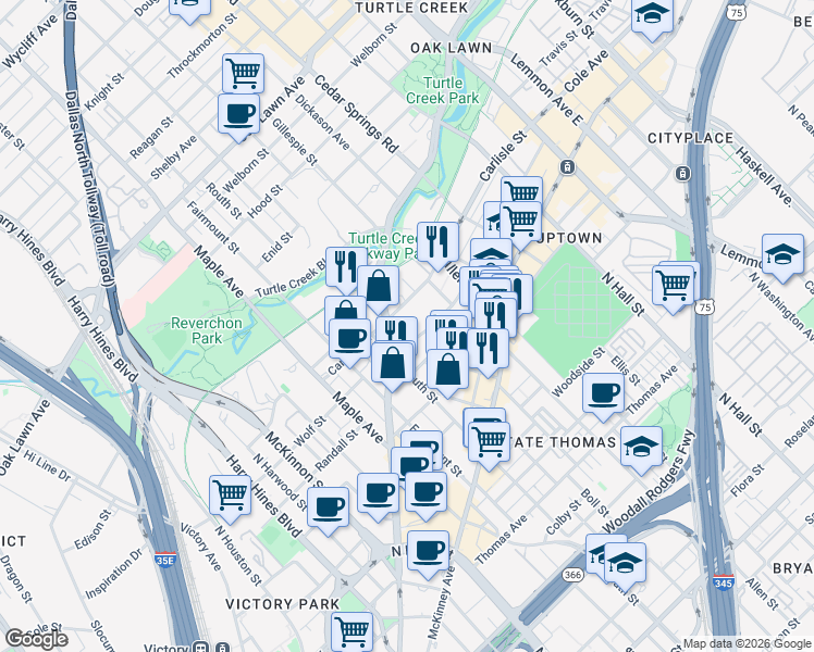 map of restaurants, bars, coffee shops, grocery stores, and more near 2693 Cole Avenue in Dallas