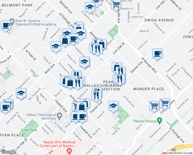 map of restaurants, bars, coffee shops, grocery stores, and more near 4617 Sycamore Street in Dallas