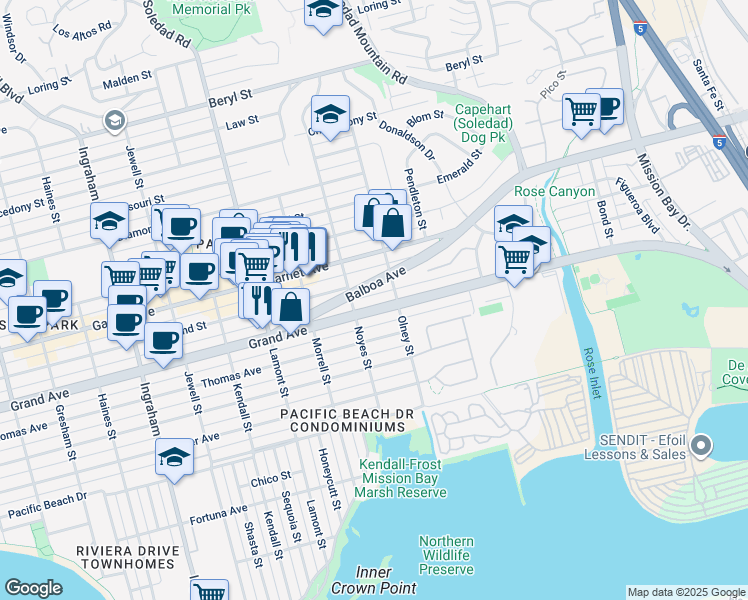 map of restaurants, bars, coffee shops, grocery stores, and more near 2131 Balboa Avenue in San Diego