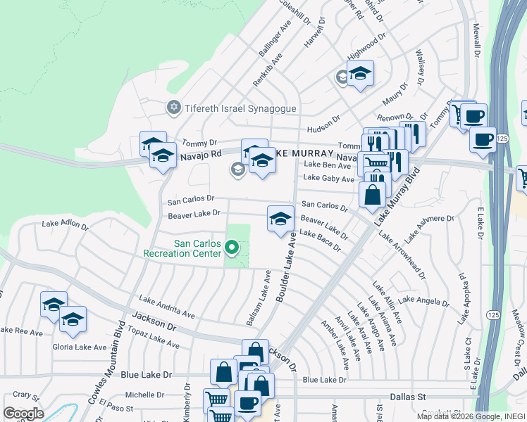 map of restaurants, bars, coffee shops, grocery stores, and more near 8202 Beaver Lake Drive in San Diego