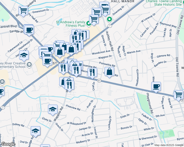 map of restaurants, bars, coffee shops, grocery stores, and more near 1627A Pinecrest Road in Charleston