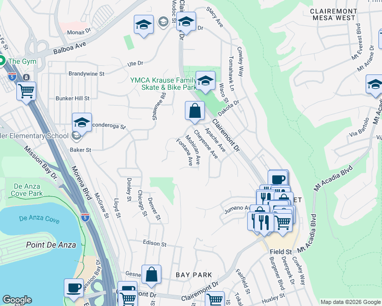 map of restaurants, bars, coffee shops, grocery stores, and more near 3305 Mohican Avenue in San Diego