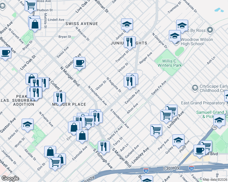 map of restaurants, bars, coffee shops, grocery stores, and more near 5414 Reiger Avenue in Dallas