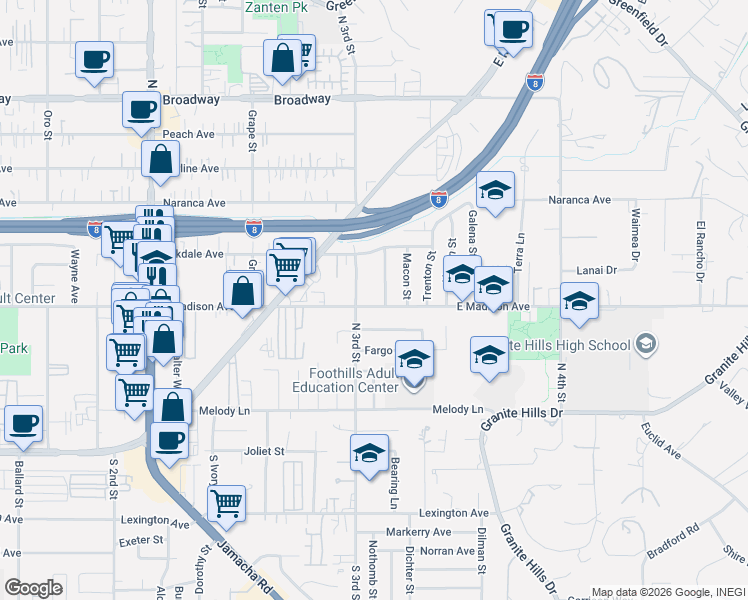 map of restaurants, bars, coffee shops, grocery stores, and more near 1512 East Madison Avenue in El Cajon