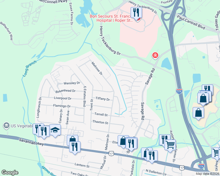 map of restaurants, bars, coffee shops, grocery stores, and more near 875 Melrose Drive in Charleston