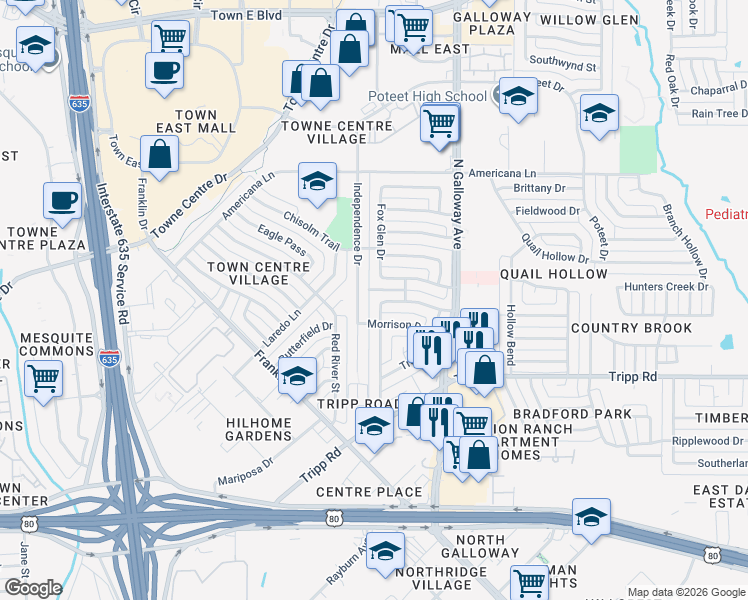 map of restaurants, bars, coffee shops, grocery stores, and more near 2533 Creighton Drive in Mesquite