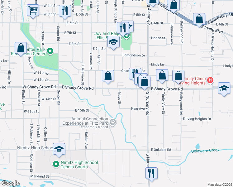 map of restaurants, bars, coffee shops, grocery stores, and more near 1202 Mayo St in Irving