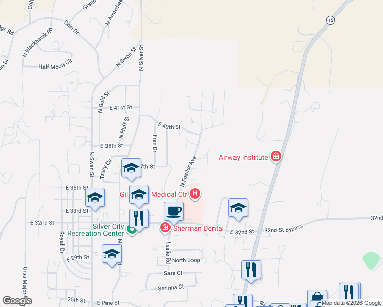 map of restaurants, bars, coffee shops, grocery stores, and more near 3905 North Fowler Avenue in Silver City