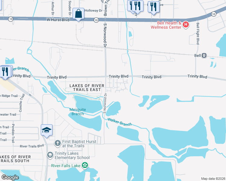 map of restaurants, bars, coffee shops, grocery stores, and more near 9500 Trinity Boulevard in Fort Worth