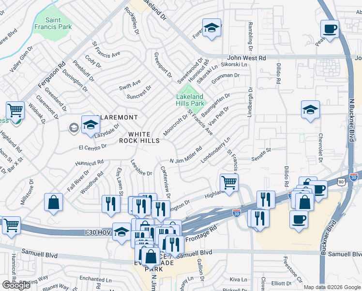 map of restaurants, bars, coffee shops, grocery stores, and more near 8315 Van Pelt Drive in Dallas