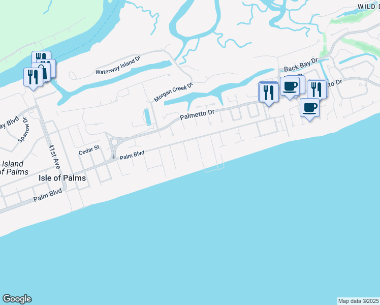map of restaurants, bars, coffee shops, grocery stores, and more near 50 First Avenue in Isle of Palms