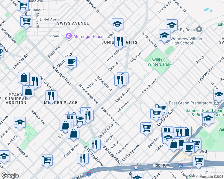 map of restaurants, bars, coffee shops, grocery stores, and more near 5501 Columbia Avenue in Dallas