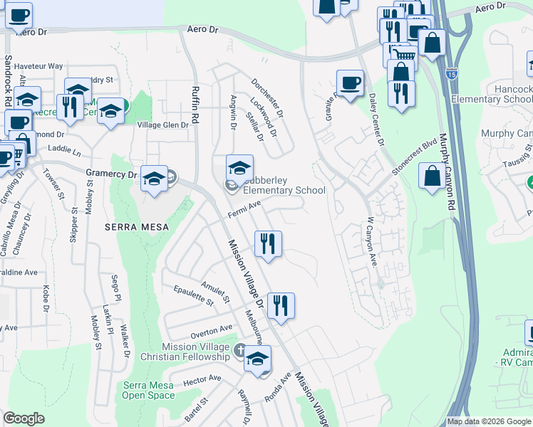 map of restaurants, bars, coffee shops, grocery stores, and more near Fairbanks Ave & Monarch St in San Diego