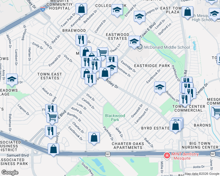map of restaurants, bars, coffee shops, grocery stores, and more near 2502 Baker Dr in Mesquite