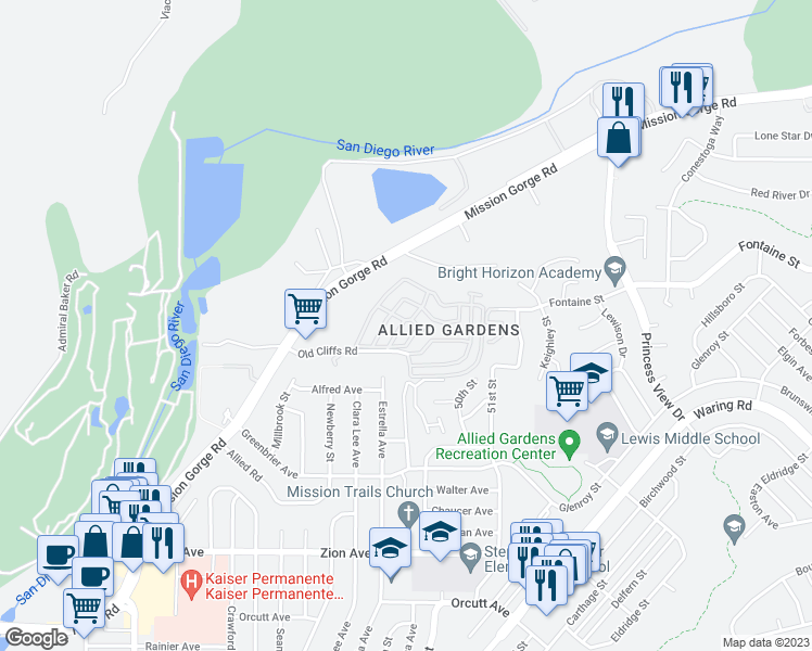 map of restaurants, bars, coffee shops, grocery stores, and more near 4920 1/2 Old Cliffs Road in San Diego