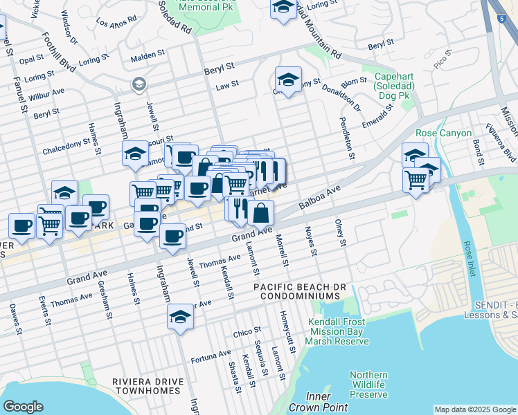 map of restaurants, bars, coffee shops, grocery stores, and more near 1952 Hornblend Street in San Diego