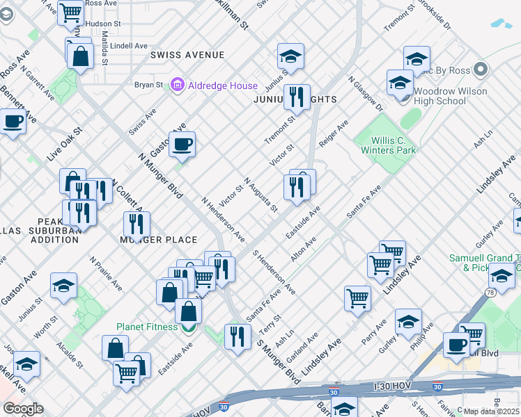 map of restaurants, bars, coffee shops, grocery stores, and more near 5414 Reiger Avenue in Dallas