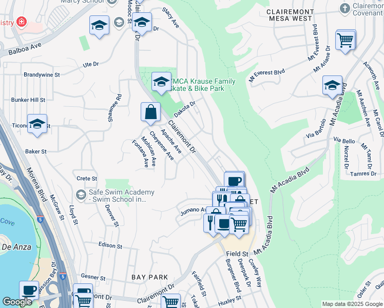 map of restaurants, bars, coffee shops, grocery stores, and more near 4715 Blackfoot Avenue in San Diego