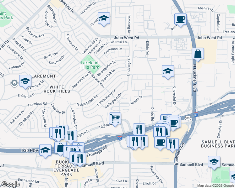 map of restaurants, bars, coffee shops, grocery stores, and more near 8505 Bellingham Drive in Dallas