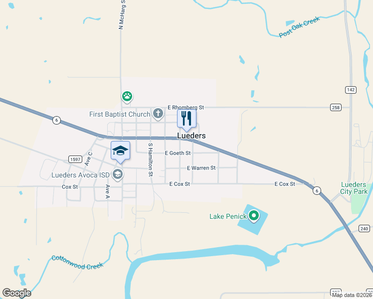 map of restaurants, bars, coffee shops, grocery stores, and more near 517 East Goeth Street in Lueders