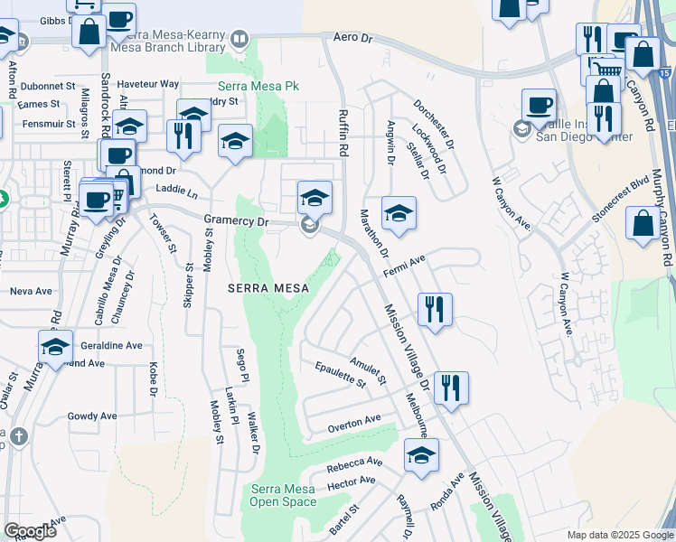 map of restaurants, bars, coffee shops, grocery stores, and more near 3150 Admiral Avenue in San Diego