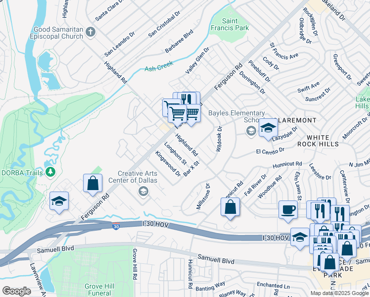 map of restaurants, bars, coffee shops, grocery stores, and more near 2346 Highland Road in Dallas