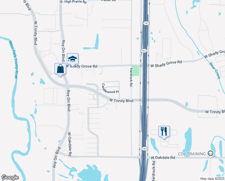 map of restaurants, bars, coffee shops, grocery stores, and more near 1242 Candlewood Place in Grand Prairie