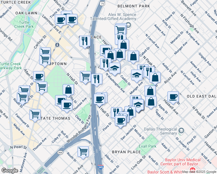 map of restaurants, bars, coffee shops, grocery stores, and more near 85 Alonzo Place in Dallas