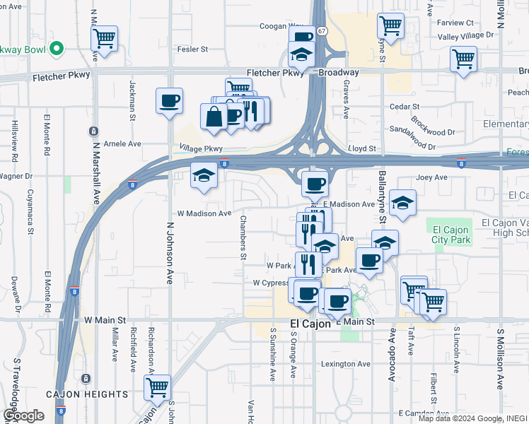 map of restaurants, bars, coffee shops, grocery stores, and more near 337 West Madison Avenue in El Cajon