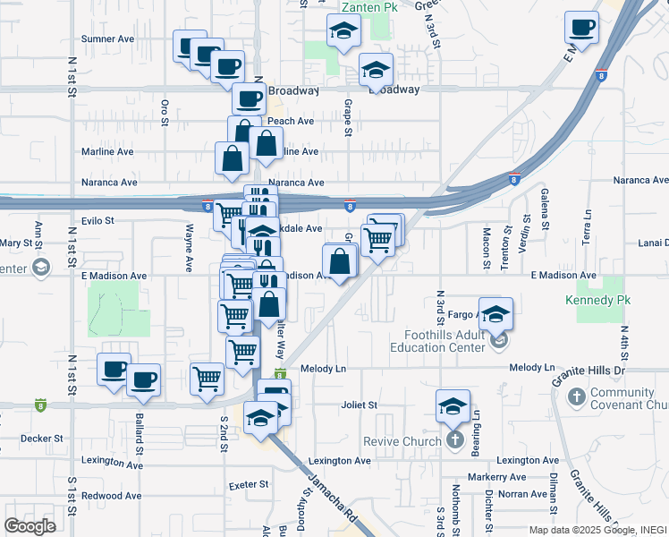 map of restaurants, bars, coffee shops, grocery stores, and more near 1378 East Madison Avenue in El Cajon