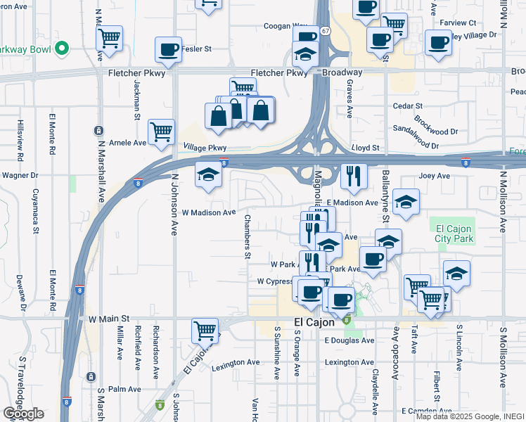 map of restaurants, bars, coffee shops, grocery stores, and more near 337 West Madison Avenue in El Cajon