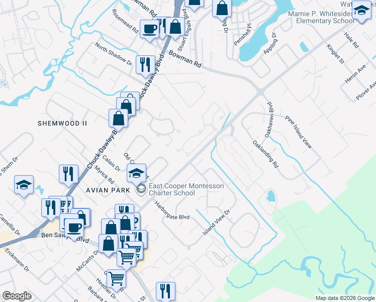 map of restaurants, bars, coffee shops, grocery stores, and more near 1239 Llewellyn Road in Mount Pleasant