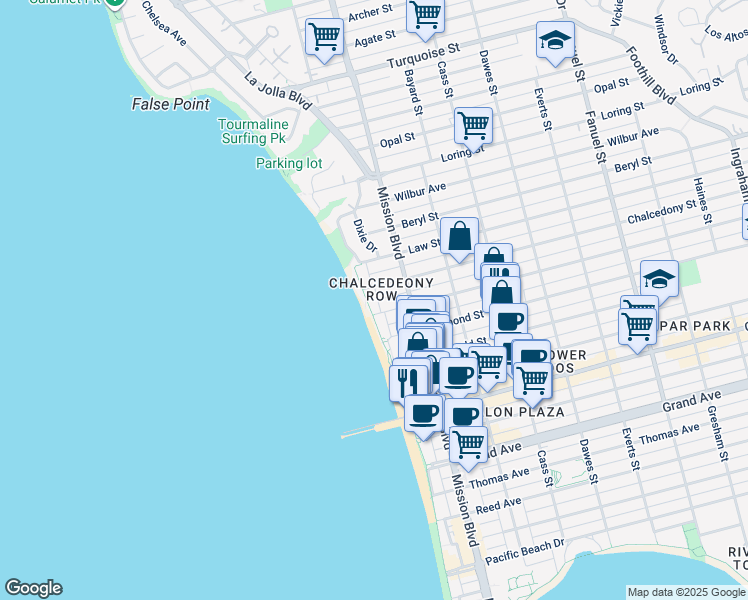 map of restaurants, bars, coffee shops, grocery stores, and more near 4767 Ocean Boulevard in San Diego