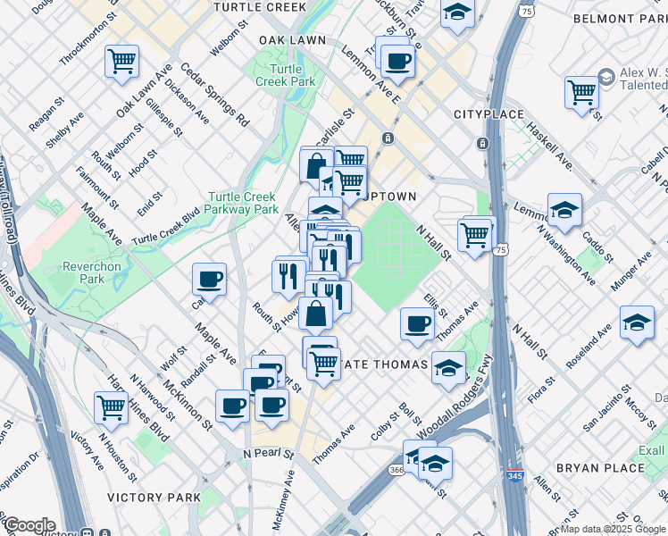 map of restaurants, bars, coffee shops, grocery stores, and more near 131 Howell Street in Dallas