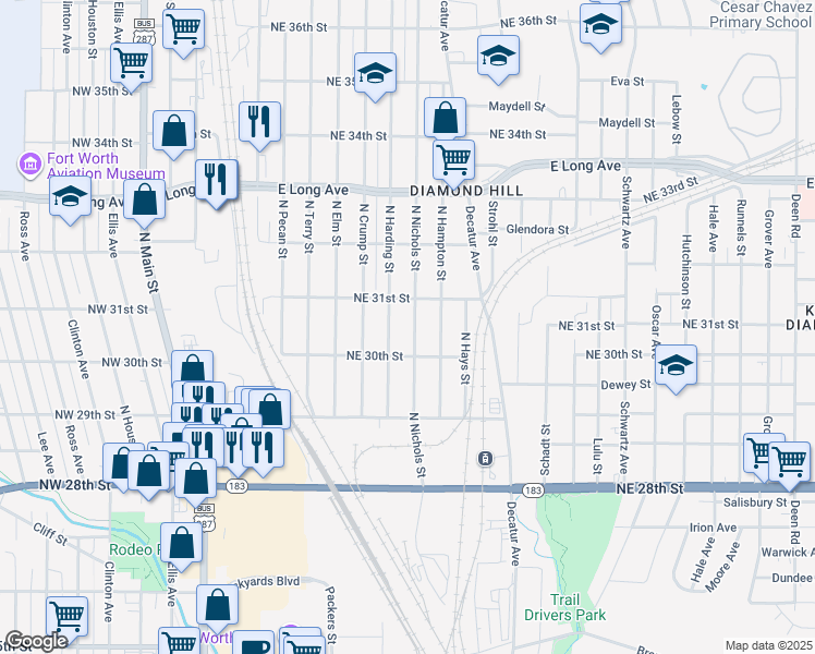map of restaurants, bars, coffee shops, grocery stores, and more near 3113 North Nichols Street in Fort Worth