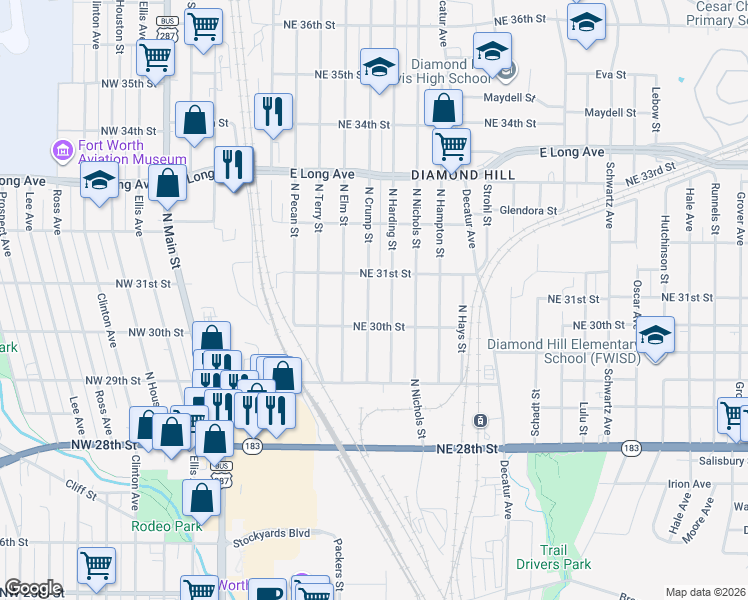 map of restaurants, bars, coffee shops, grocery stores, and more near 3112 North Crump Street in Fort Worth