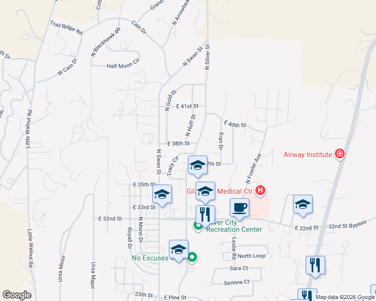 map of restaurants, bars, coffee shops, grocery stores, and more near 3709 Tracy Circle in Silver City