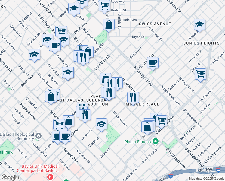 map of restaurants, bars, coffee shops, grocery stores, and more near 4901 Gaston Avenue in Dallas