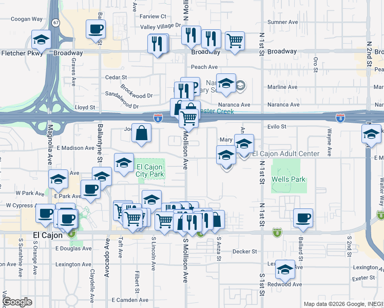 map of restaurants, bars, coffee shops, grocery stores, and more near in El Cajon