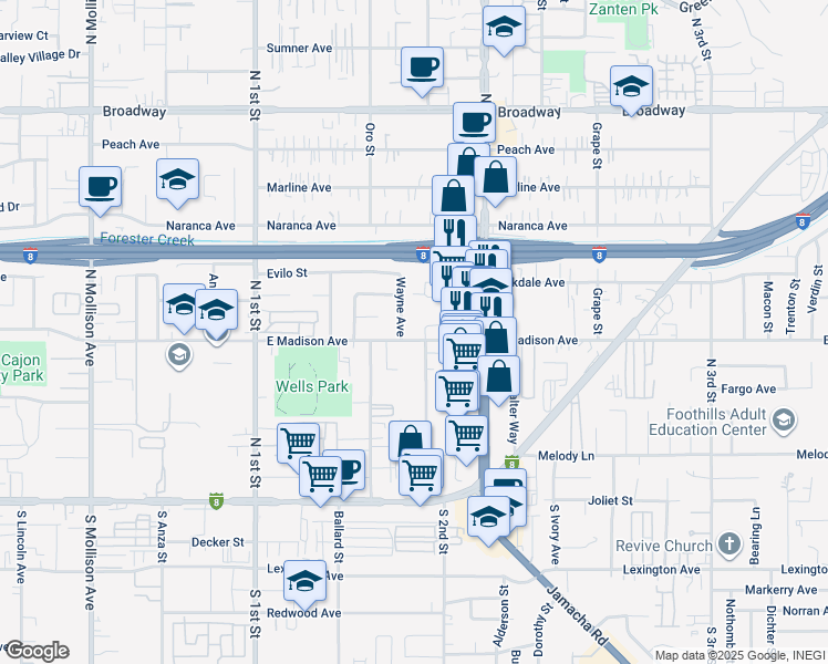 map of restaurants, bars, coffee shops, grocery stores, and more near 1244 East Madison Avenue in El Cajon