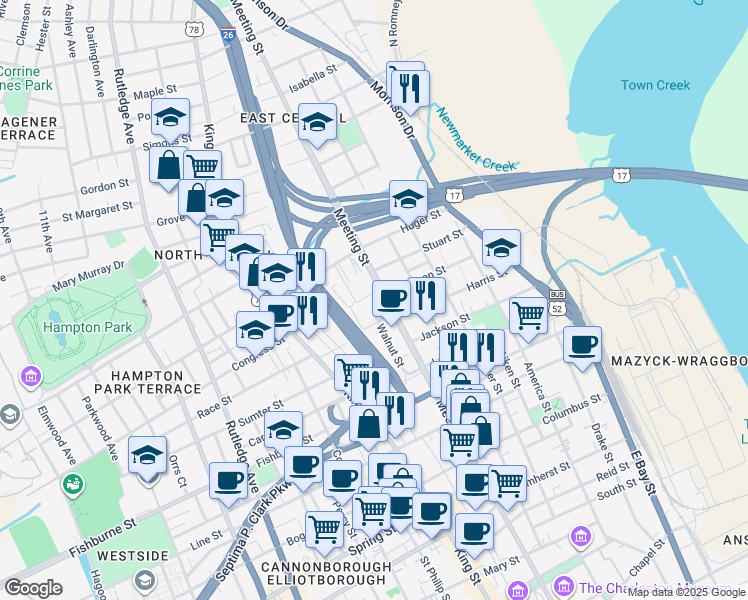 map of restaurants, bars, coffee shops, grocery stores, and more near 573 Meeting Street in Charleston