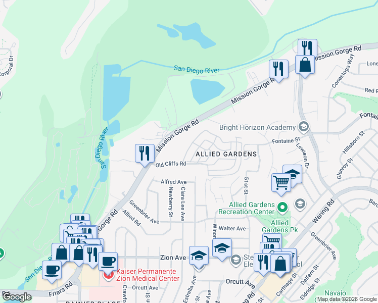 map of restaurants, bars, coffee shops, grocery stores, and more near 4850 Old Cliffs Road in San Diego