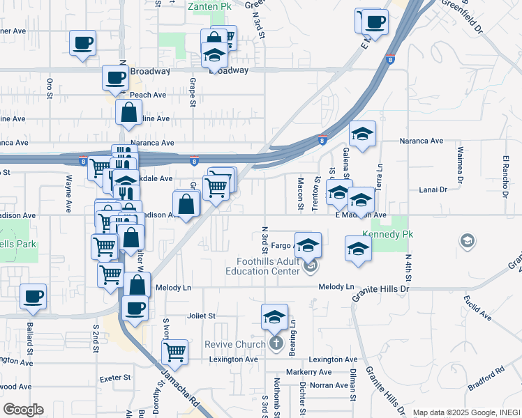 map of restaurants, bars, coffee shops, grocery stores, and more near 511 North 3rd Street in El Cajon