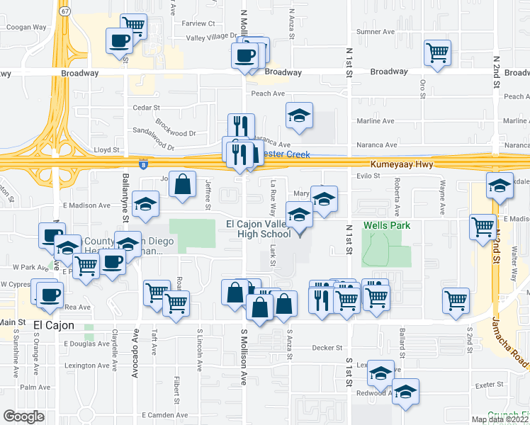 map of restaurants, bars, coffee shops, grocery stores, and more near 965 East Madison Avenue in El Cajon